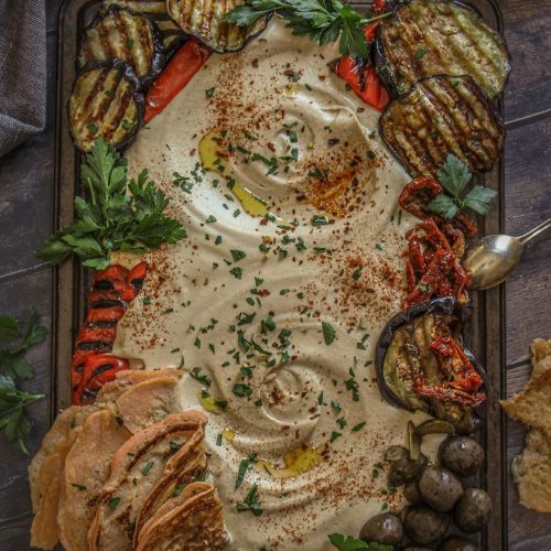 Red Lentil Pancakes & Creamy Hummus with Grilled Veggie Platter