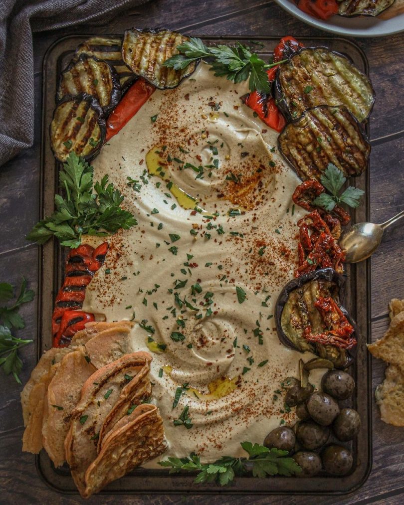 Red Lentil Pancakes & Creamy Hummus with Grilled Veggie Platter