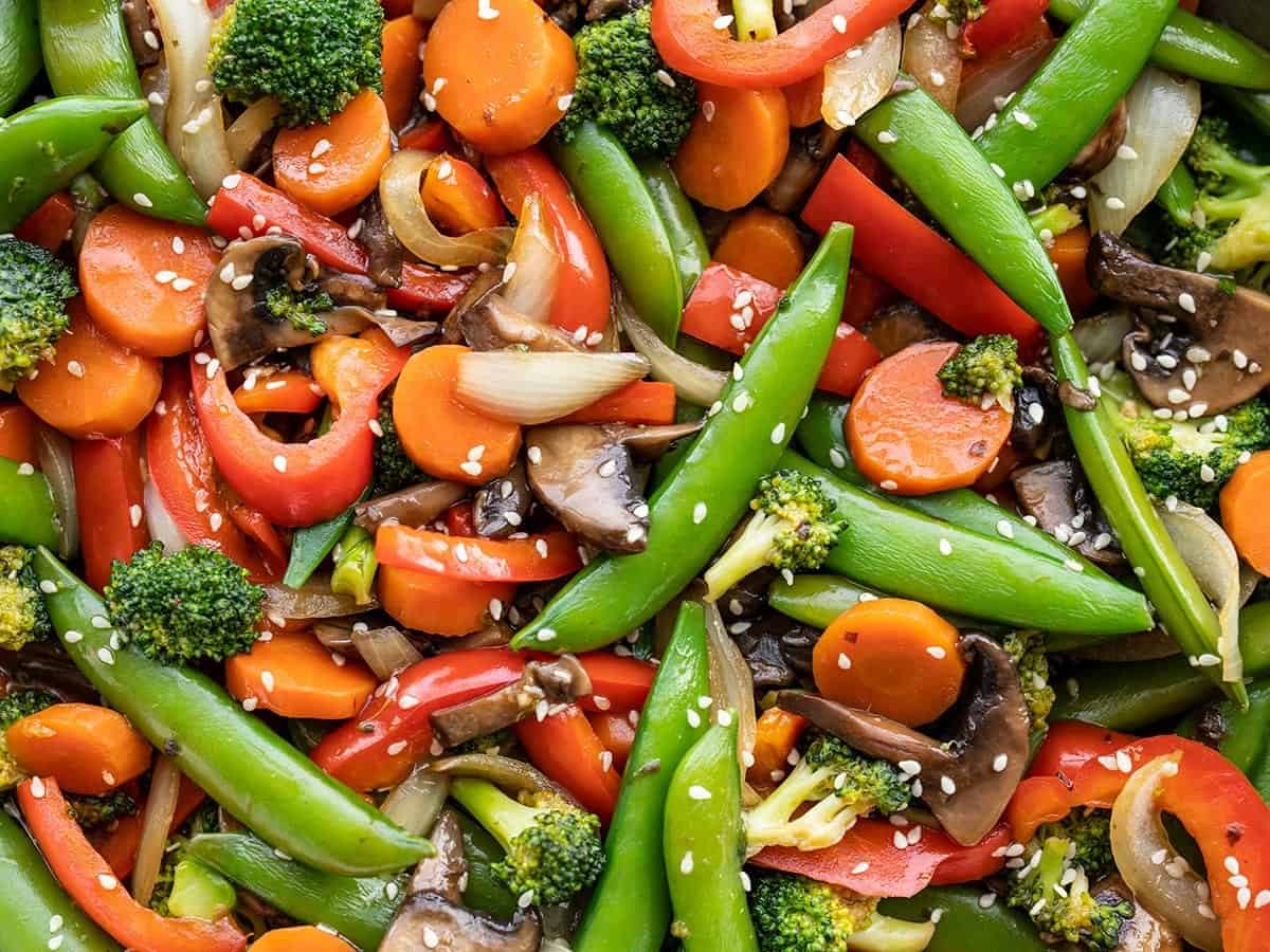 close up of stir fry vegetables from above.